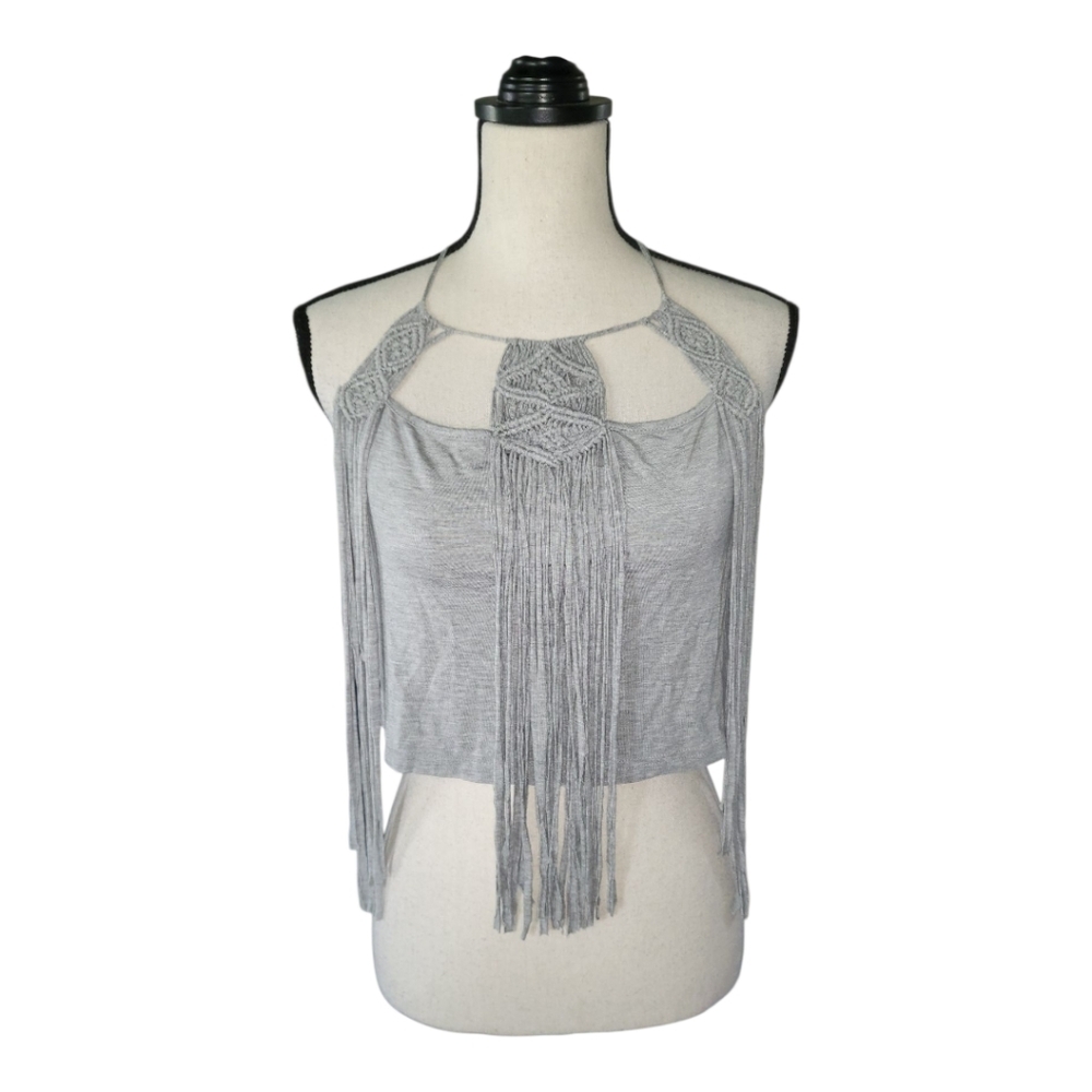 💕Pol Jersey Knit Cropped Halter With Braid And Fringe Detailing.‎ Size L New